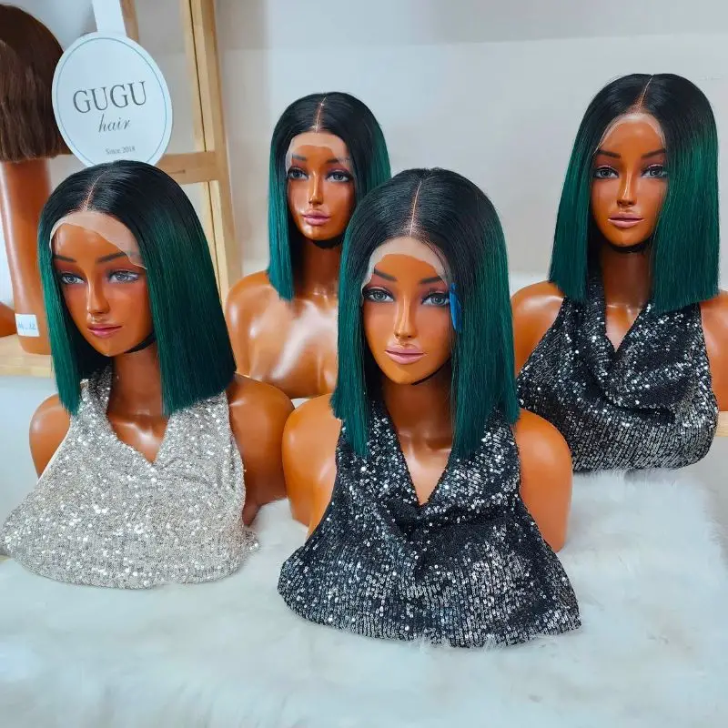 🎃Halloween Sale 9 Straight Emerald Green Bob Wig showing black root color