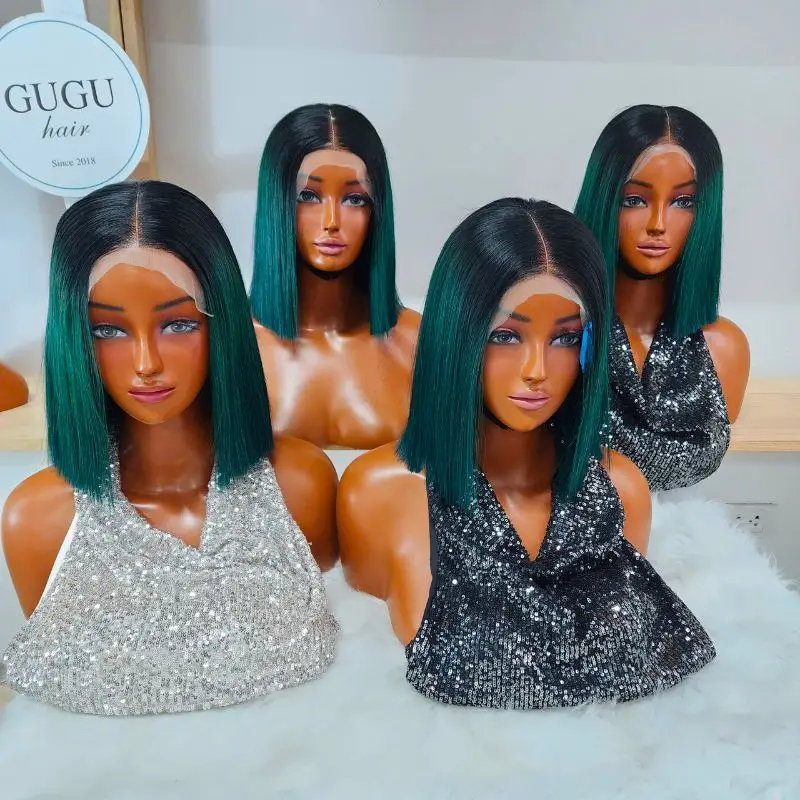 Vietnamese Hair Factory | Human Hair Manufacturer | GUGU HAIR 48 Emerald Green Human Hair Wig straight bob with dark roots front view