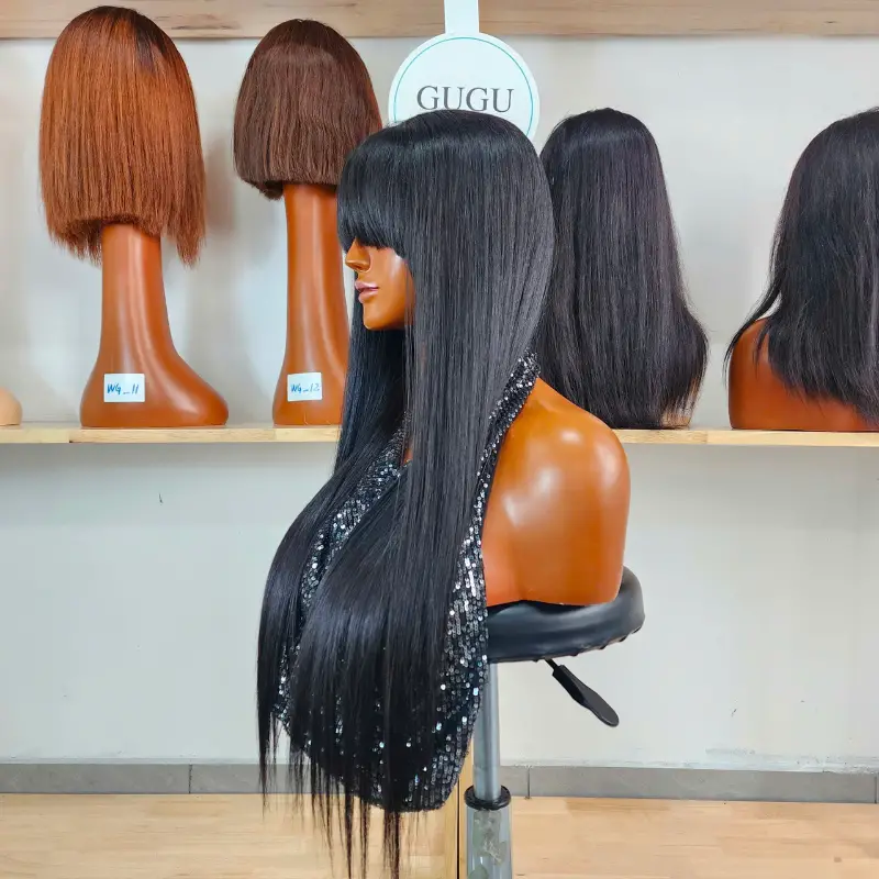 Straight Black Human Hair Wig with full bangs