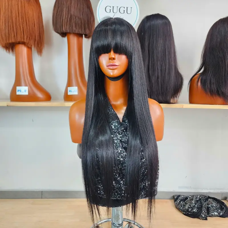 Straight Black Human Hair Wig with full bangs front view