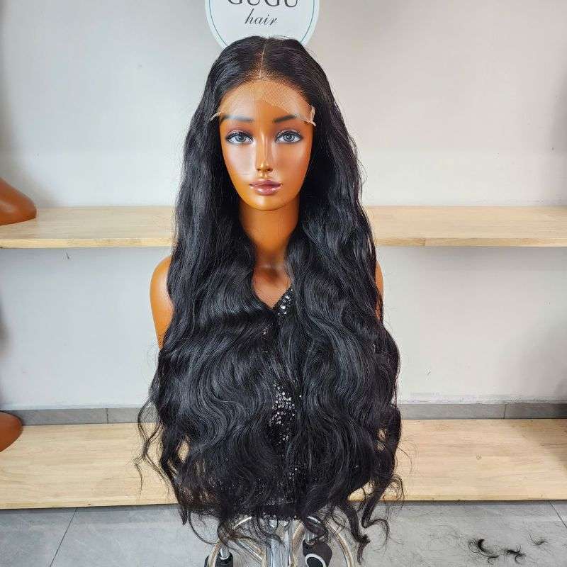 Natural black Body Wave Human Hair Wig, three-quarter front view