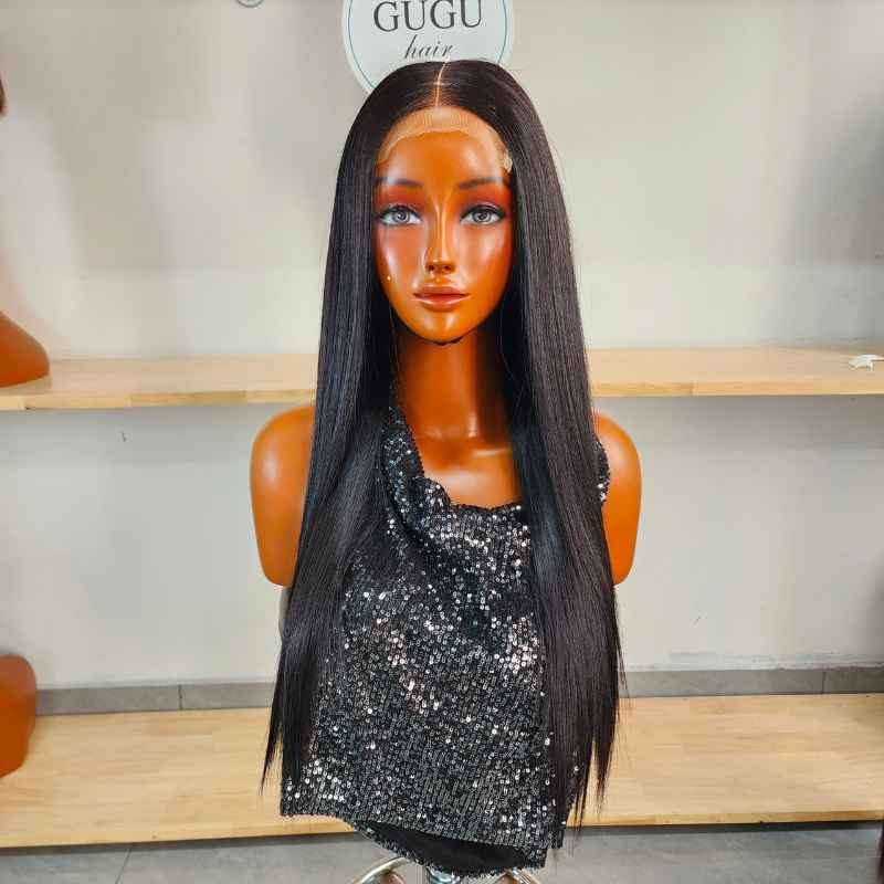 front view 25 inch straight HD lace wig natural black