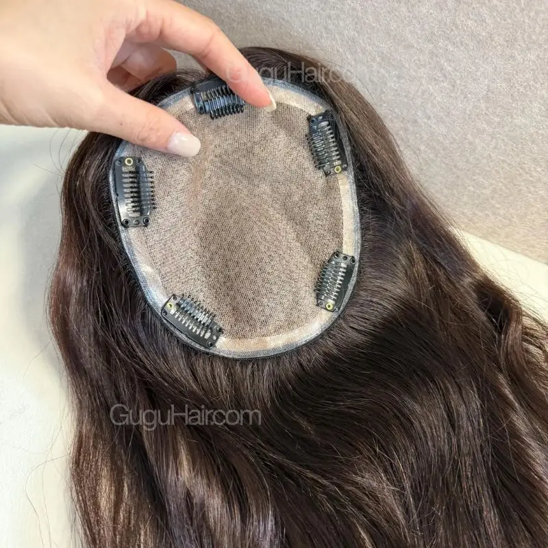 Brown Wavy Human Hair Topper needle injected scalp close up