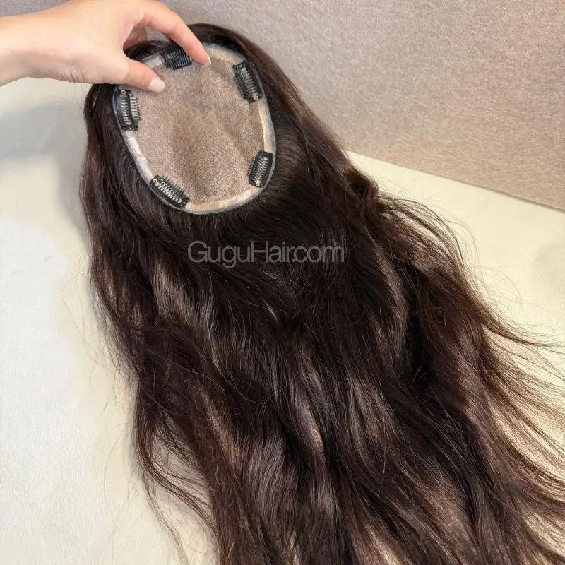 Brown Wavy Human Hair Topper clip in base full view
