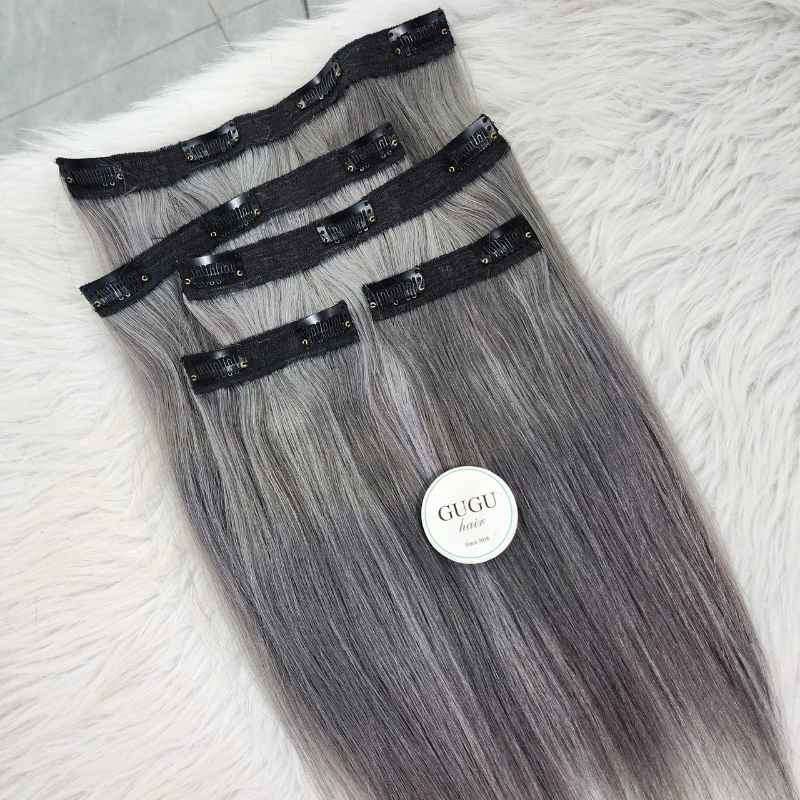 Vietnamese Hair Factory | Human Hair Manufacturer | GUGU HAIR 87 Black Silver Ombre Clip-In Extensions straight human hair full set