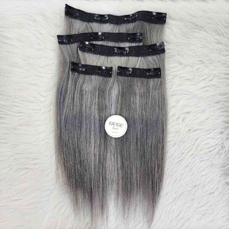 Vietnamese Hair Factory | Human Hair Manufacturer | GUGU HAIR 86 Black Silver Ombre Clip-In Hair Extensions angled view