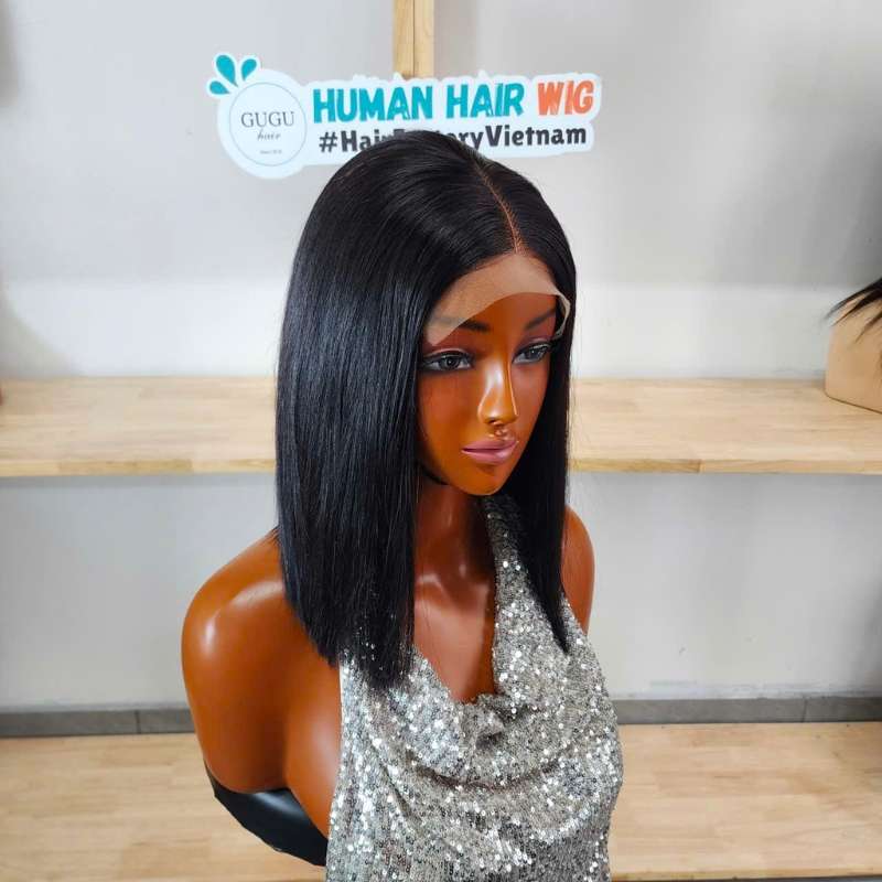 Black Straight Closure Wig 10 Inch Vietnamese Human Hair – GUGU Hair 3 Black Straight Human Hair Closure Wig angled view