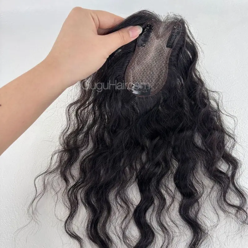 Black Ultra-HD Lace Curly Topper 3 clips base construction