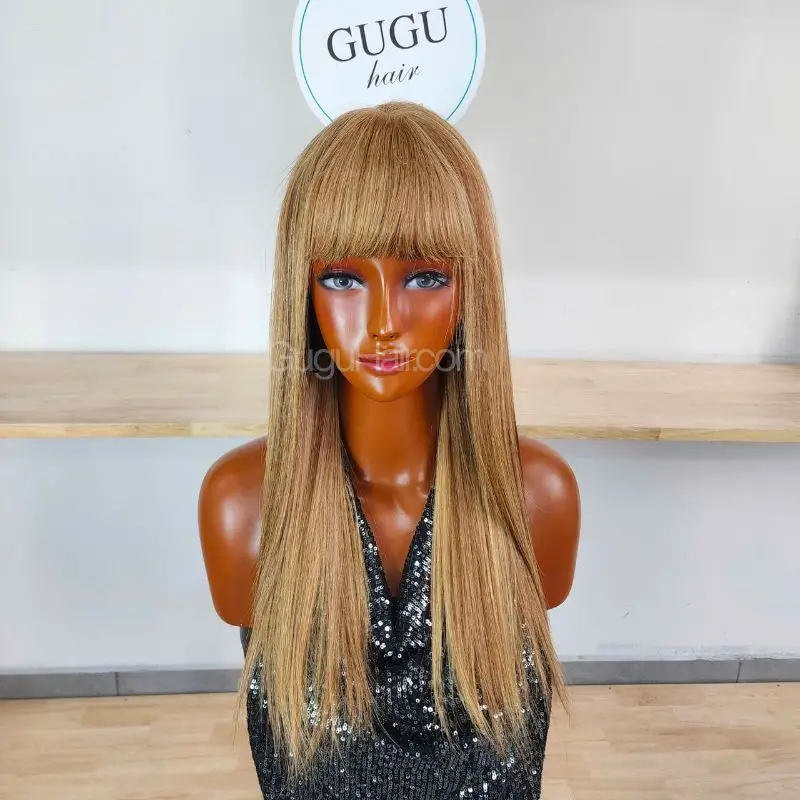 Blonde Straight Human Hair Wig with full bangs front view