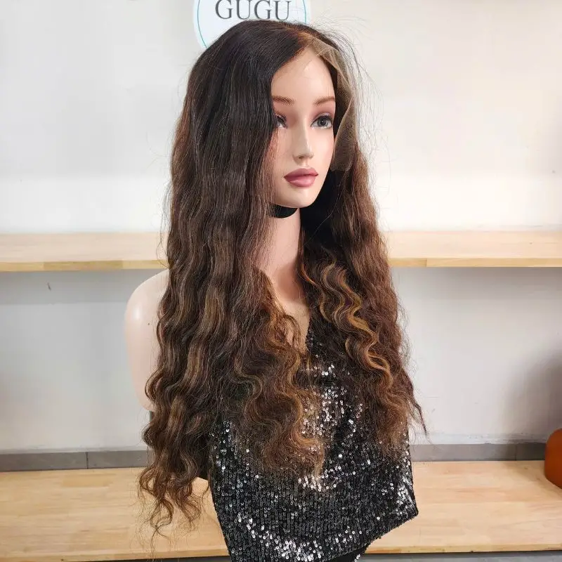 Vietnamese Hair Factory | Human Hair Manufacturer | GUGU HAIR 34 Brown Highlight HD Lace Wig body wave side view