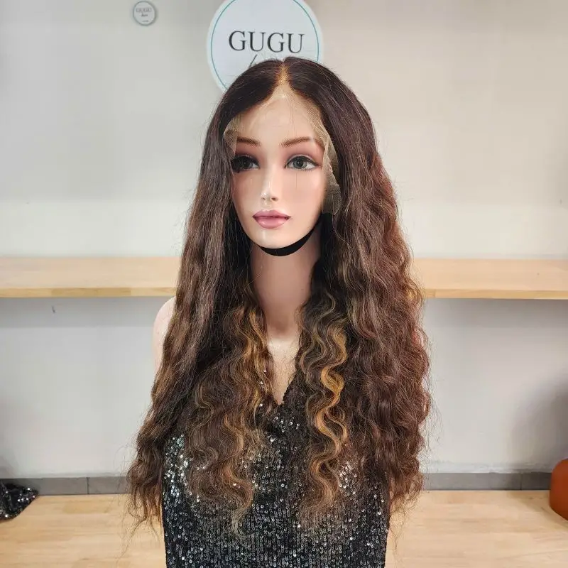 Vietnamese Hair Factory | Human Hair Manufacturer | GUGU HAIR 35 Brown Highlight HD Lace Wig body wave front viewv