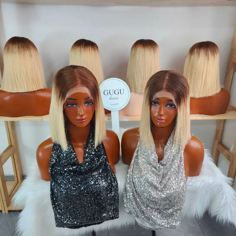 Vietnamese Hair Factory | Human Hair Manufacturer | GUGU HAIR 45 Dark Root Blonde Bob Wig Straight Human Hair Lace Wig