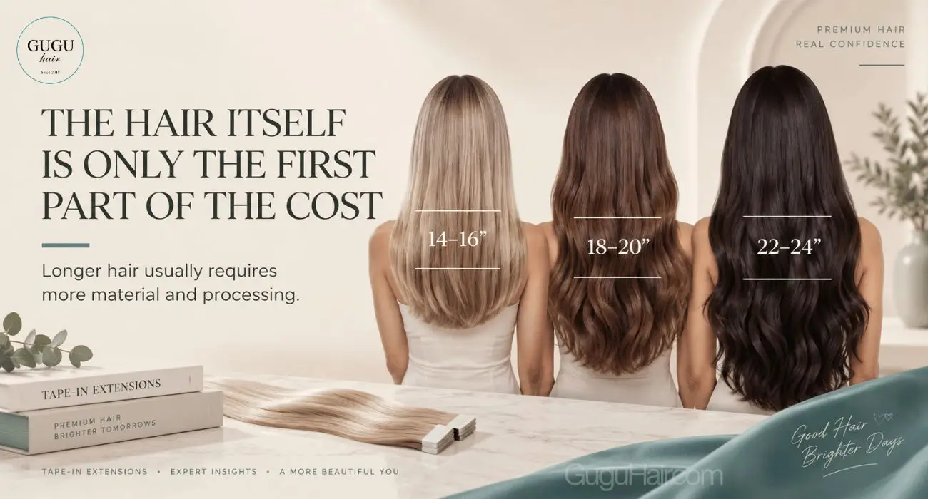 Cost Tape In Hair Extensions: What Affects the Total Price? 2 Hair length and the amount of hair needed can both affect the total cost.