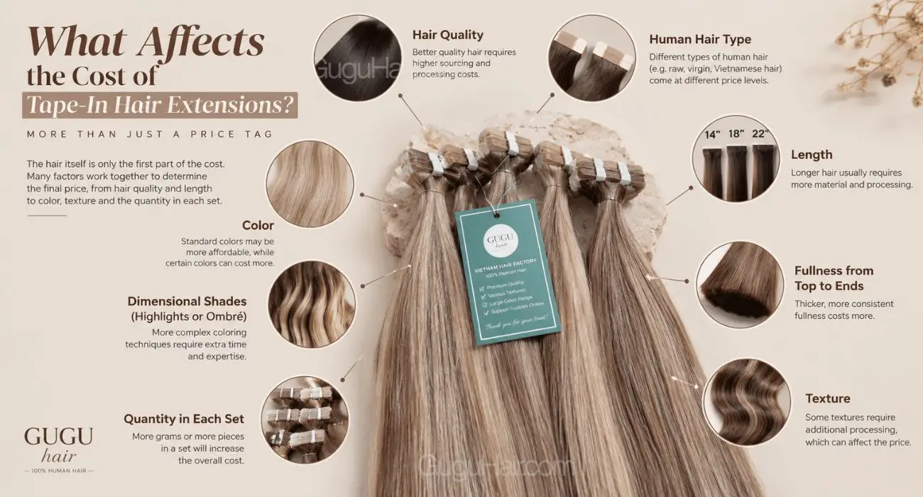 Cost Tape In Hair Extensions: What Affects the Total Price? 1 Several factors can influence the product cost of tape-in hair extensions.