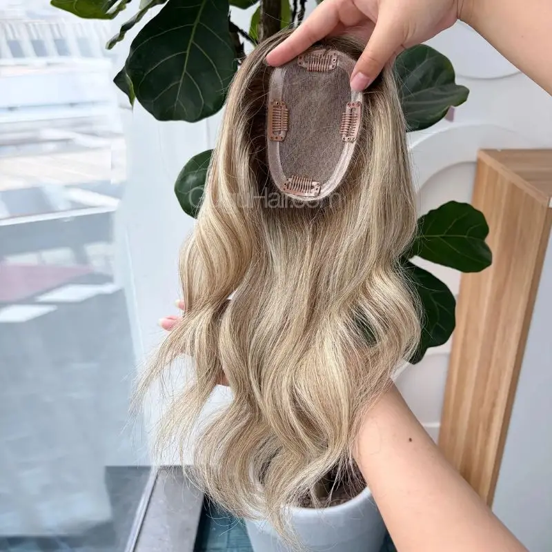 Free Part 3x5 Silk Base Sun-Kissed Bronde Balayage Wavy Hair Topper inside base