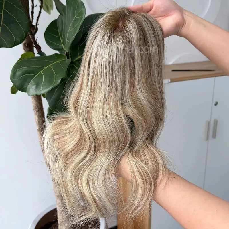 Free Part 3x5 Silk Base Sun-Kissed Bronde Balayage Wavy Hair Topper front view