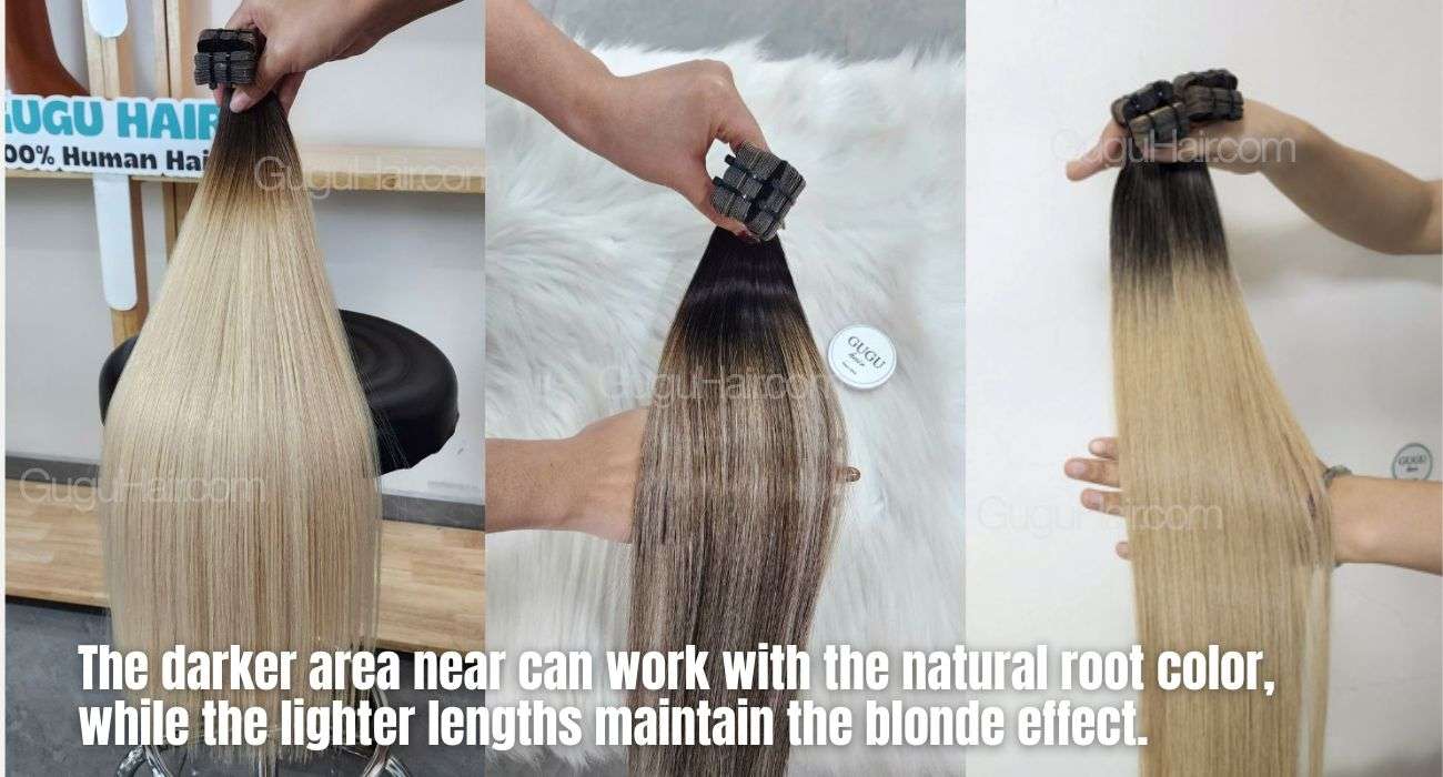 Blonde tape in hair extensions: 2 Shade Family, Matching and Buying Guide 2 Rooted blonde tape-in hair extensions with darker roots and lighter blonde lengths