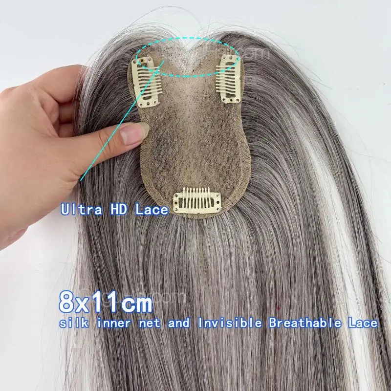 Salt and Pepper Hair Topper 8x11cm ultra HD lace 3 clips