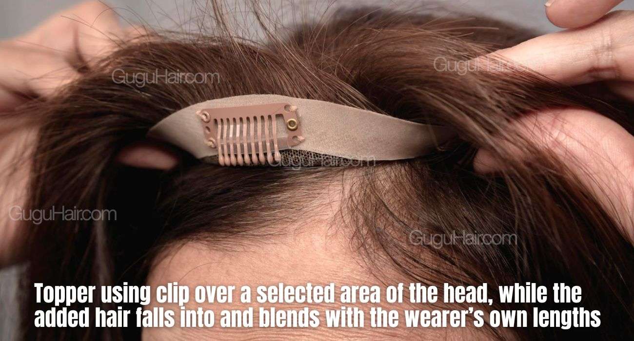 Human Hair Toppers for Women: A Complete Guide 2 Topper over a selected area of the head, while the added hair falls into and blends with the wearer’s own lengths