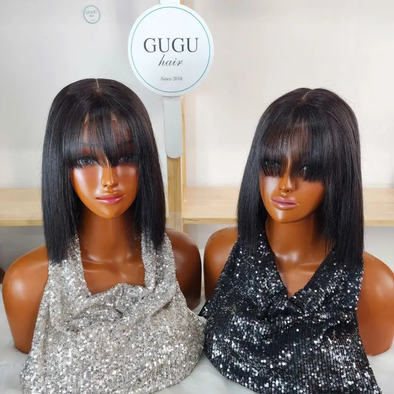 10 Inch Bone Straight Bob Wig with Bangs Black Vietnamese Hair