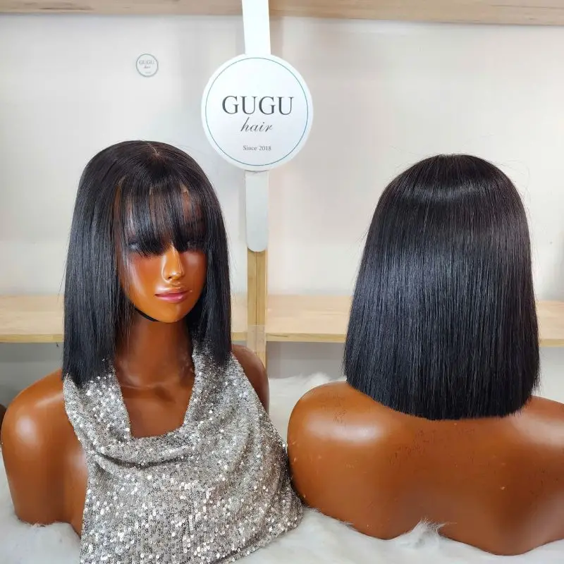 10 Inch Bone Straight Bob Wig with Bangs Black Vietnamese Hair 3