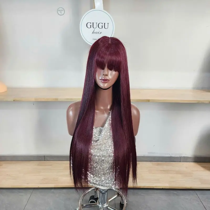 99J Burgundy Red Bone Straight Human Hair Wig With Bangs For Women