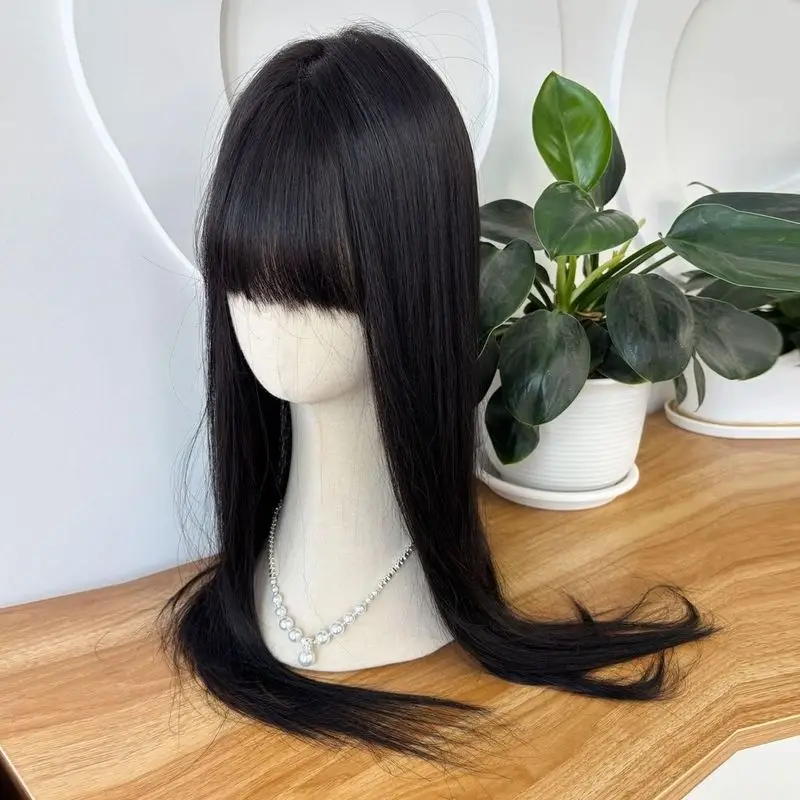 Large Coverage Human Hair Topper with bangs front view