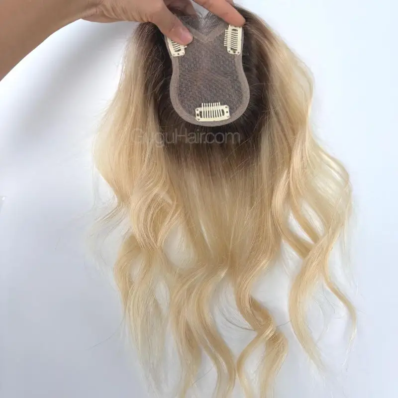 Blonde Water Wave Hair Topper 8x11cm gourd hand weave base