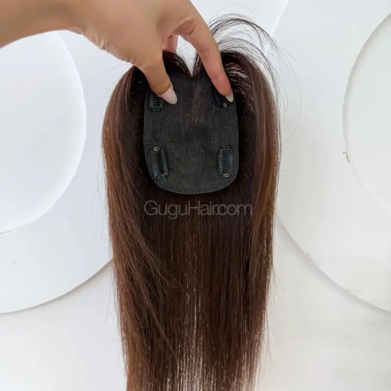 Brown Human Hair Topper 10x13cm side bangs front view