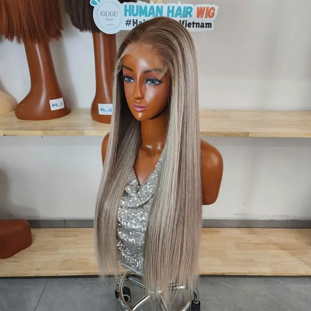 ash blonde long straight human hair wig guguhair 1