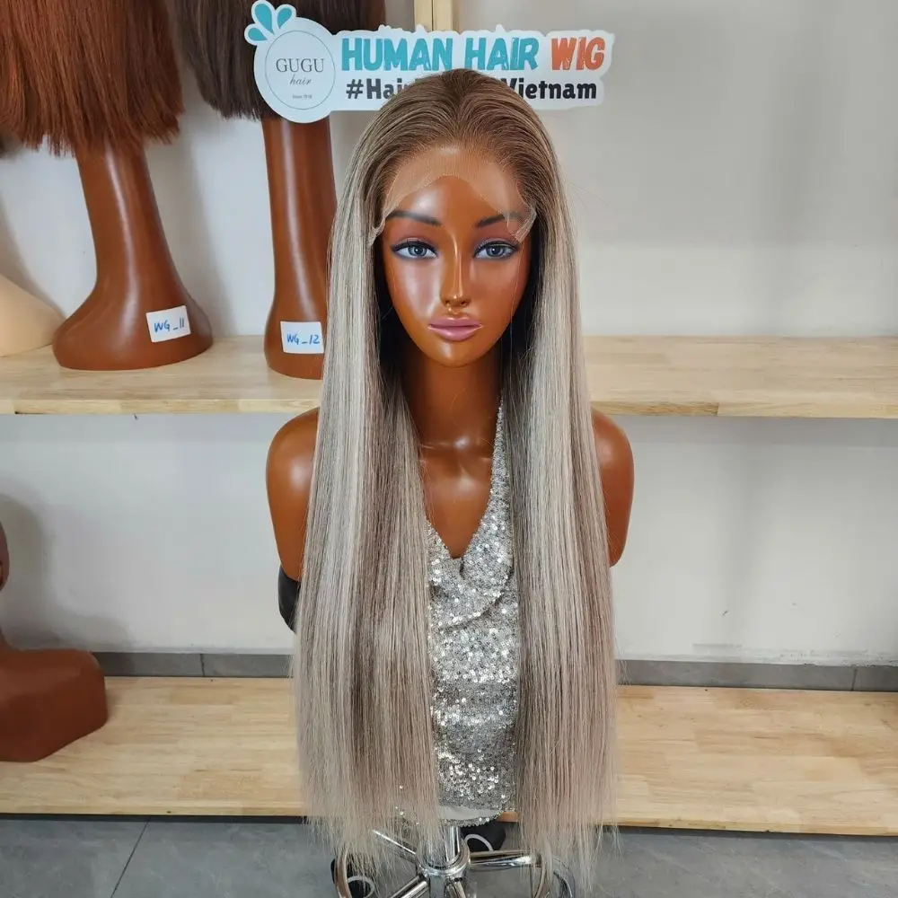 Human Hair Ash Blonde Wig – Luxury Long Straight Vietnamese Human Hair, Cool-Toned Blonde Color