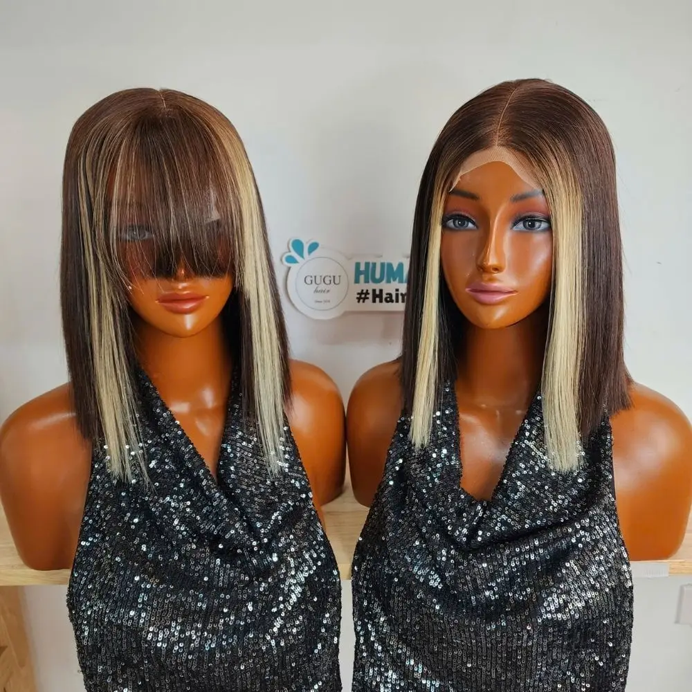 Dark Blonde Bob With Highlights – Premium Straight Human Hair Wig, Natural-Looking Short Bob Hairstyle