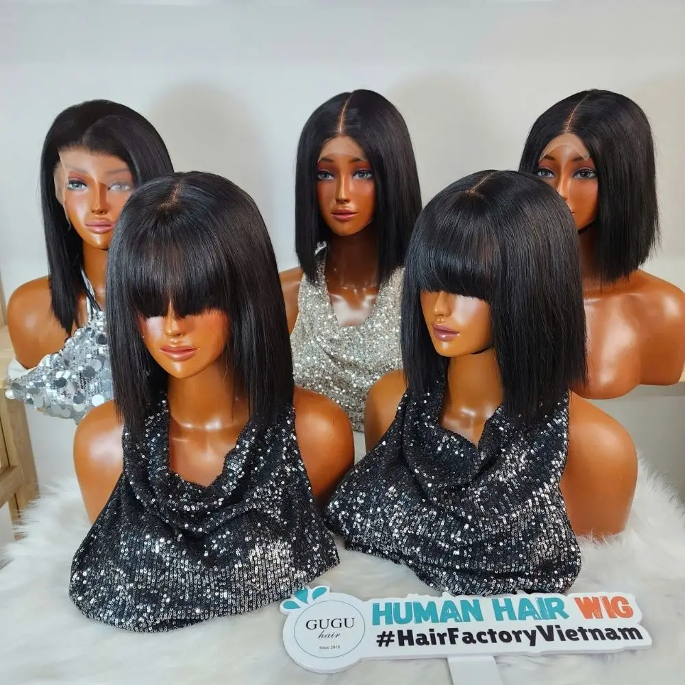 Human Hair Bob Wig With Fringe – Short Black Straight Bob Wig, Soft Silky Natural Look